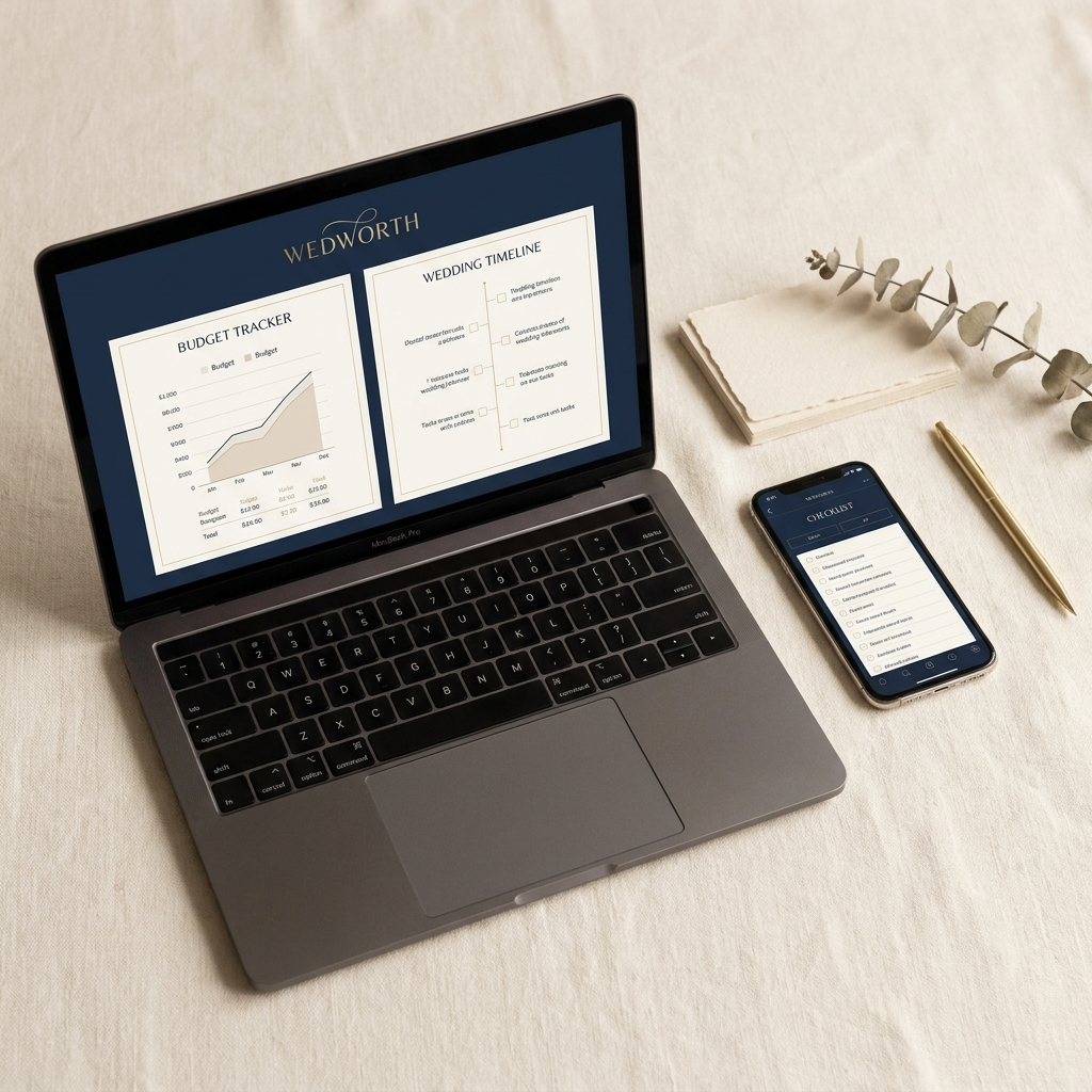 WEDWORTH Planning System — laptop and phone mockup showing the digital wedding planner dashboard