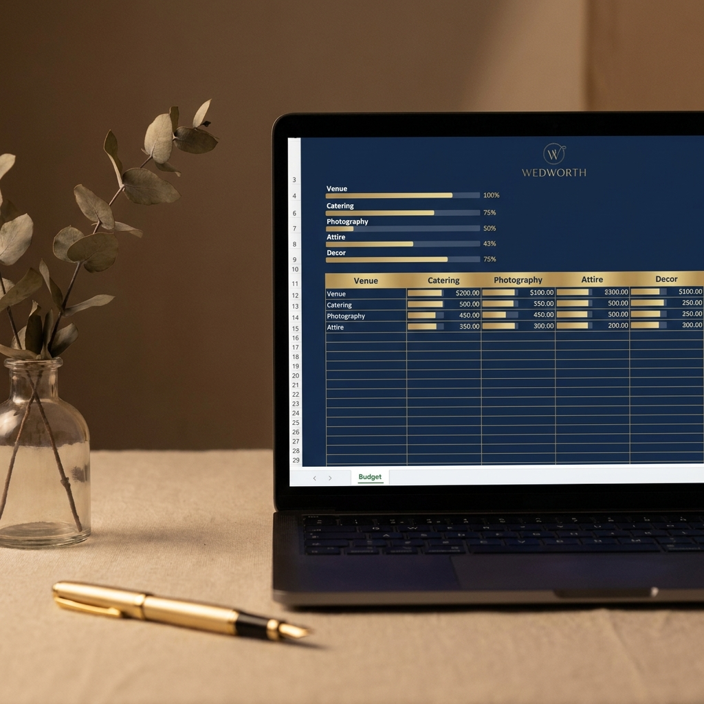 WEDWORTH wedding budget tracker spreadsheet close-up