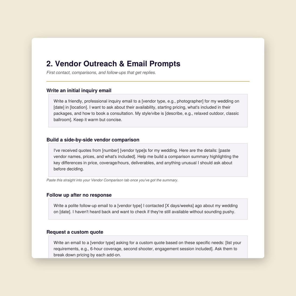 A real page from the WEDWORTH AI Wedding Assistant: vendor outreach and email prompts